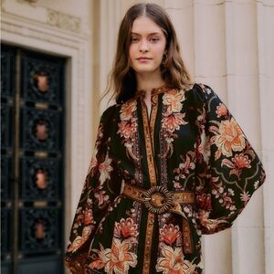 Farm Rio Black Majestic Garden Beaded Buckle Long sleeve mini dress